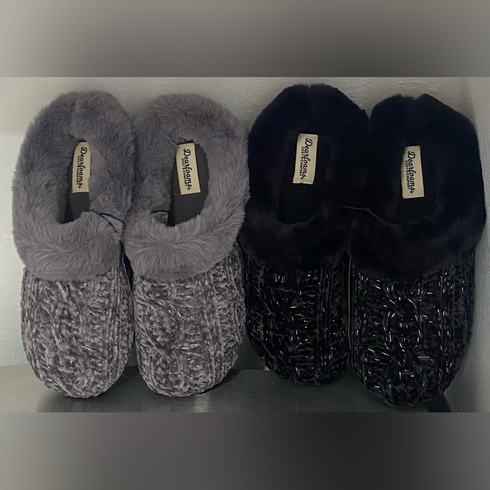 NWT…2PAIRS OF DEARFOAM CHENILLE SLIPPERS BLACK AND GRAY